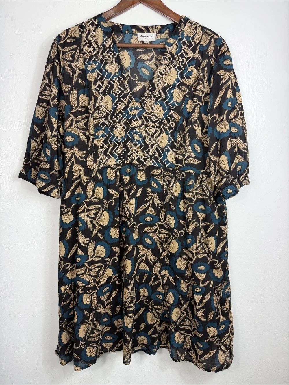 Maison 123 Paris Floral Cotton Embroidered Tiered Dress Blue Beige Size US 12